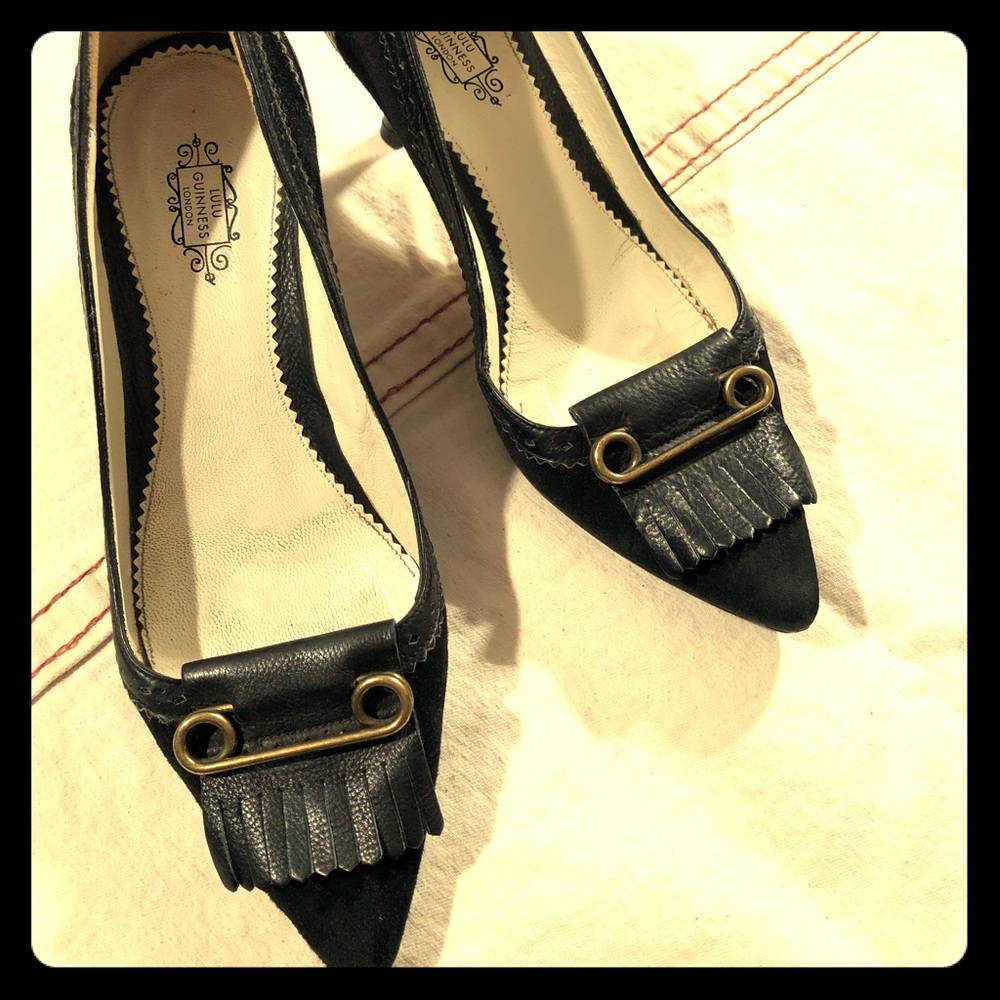 Lulu Guinness Black Pointed Toe Heels with Gold Accent